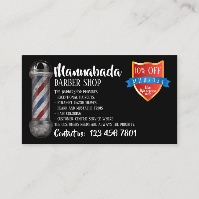 Black Barber pole supply shop coupon code Business Card (Front)