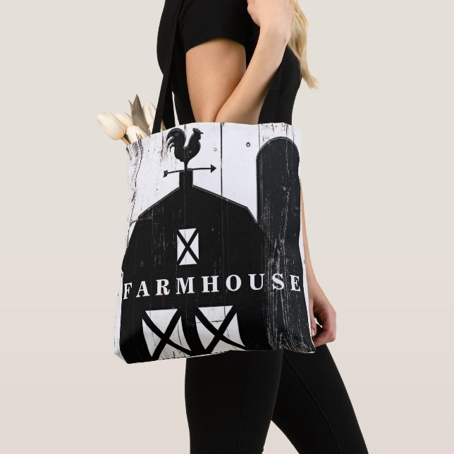 Black Barn White Wood Rustic Country Farmhouse Tote Bag (Close Up)