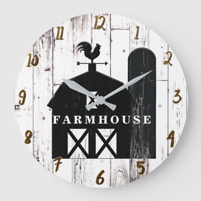 Black Barn White Wood Rustic Farmhouse Country Large Clock (Front)