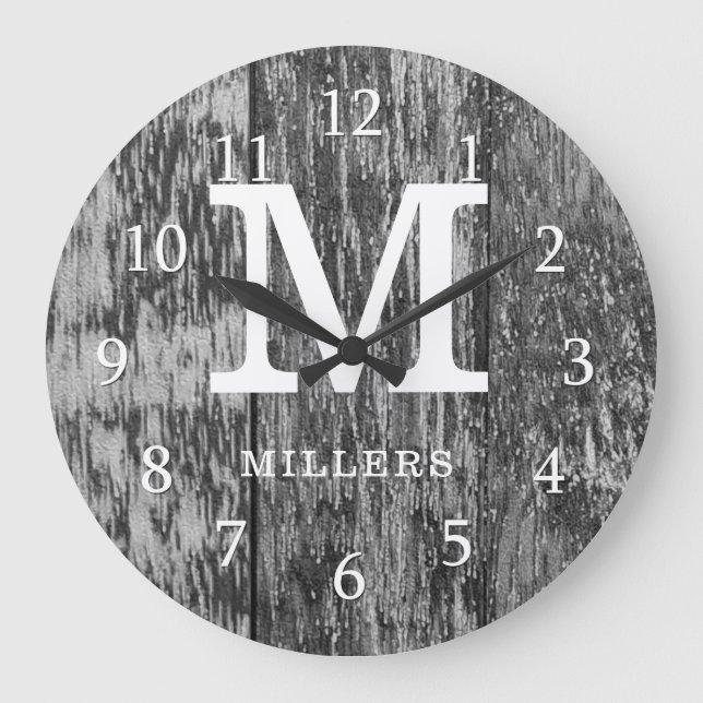 Black Barn Wood Farmhouse Monogram Large Clock (Front)