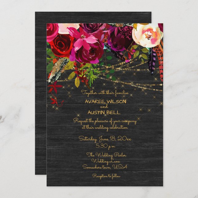 Black Barnboard Burgundy Boho Flowers Invitation (Front/Back)