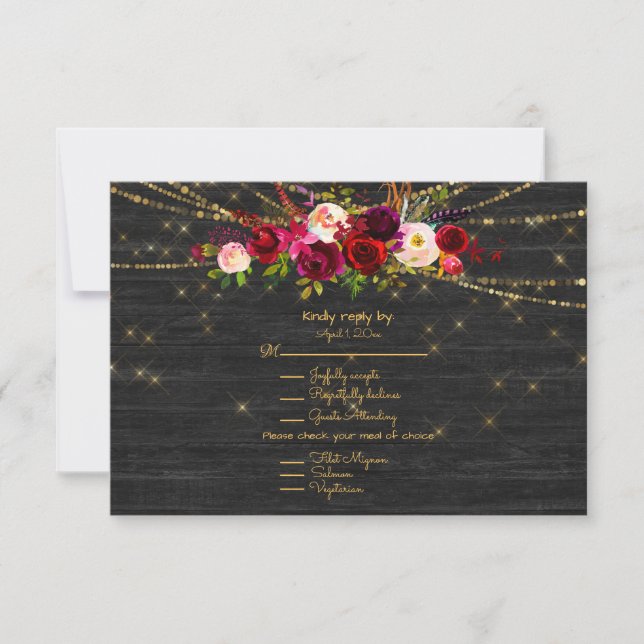 Black Barnboard String Lights Burgundy Roses RSVP Card (Front)