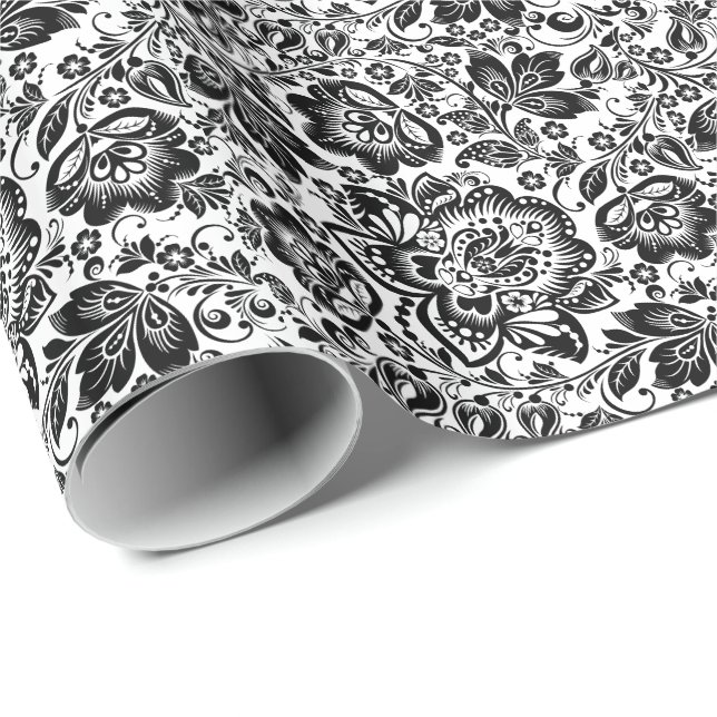 Black Baroque Flowers Pattern Wrapping Paper (Roll Corner)