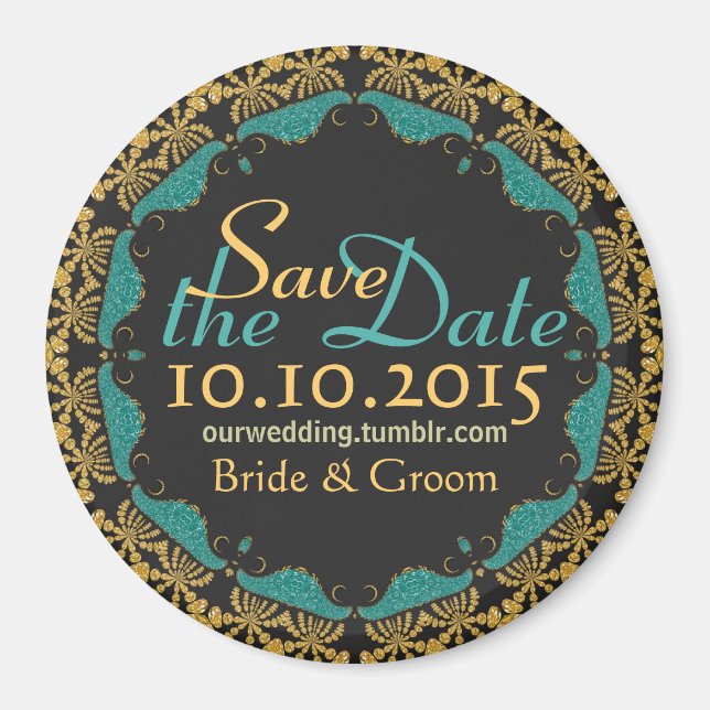 Black Baroque Gold teal Lace Save the Date Magnet (Front)