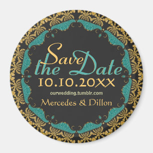 Black Baroque Gold teal Lace Save the Date Magnet