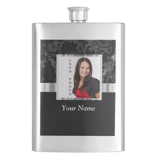 Black baroque instagram template hip flask (Front)