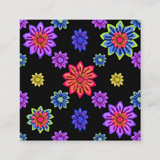 🌸 Black Base with Colourful Flower Lawn Print Square Business Card (Front)