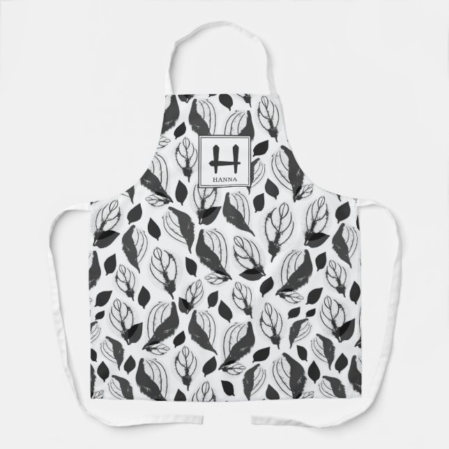 Black Basil Herb Leaf Pattern Botanical Monogram Apron (Front)