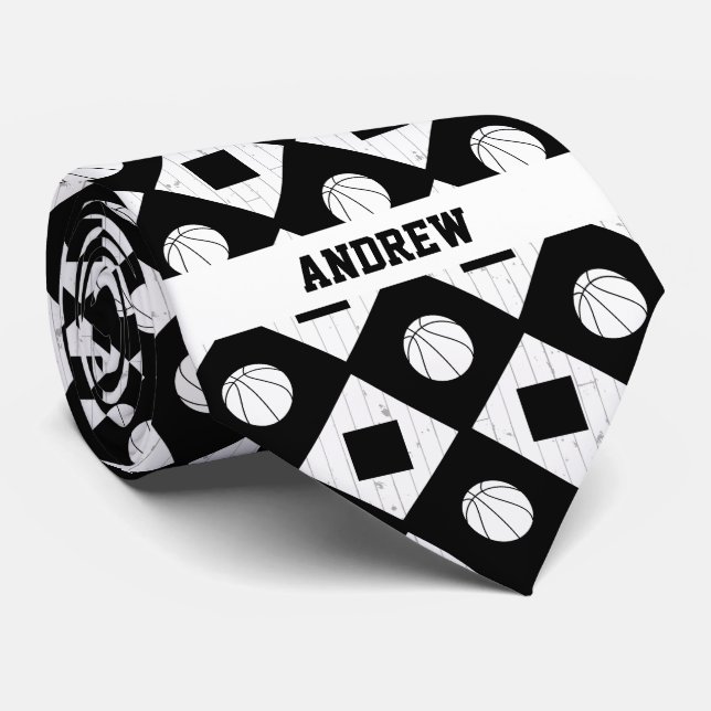 Black Basketball Wood Floor Argyle Pattern Tie (Rolled)