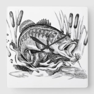 Black bass square wall clock