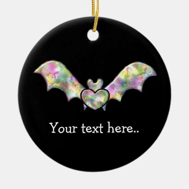 Black Bat and Heart Personalised Halloween Bat Ceramic Ornament (Front)