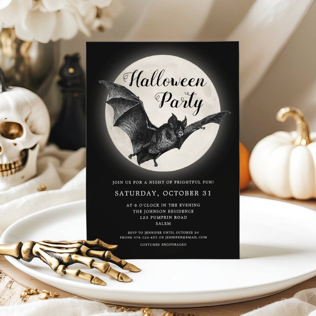 Black Bat Full Moon Halloween Party Invitation (Black Bat Full Moon Halloween Party Invitation)