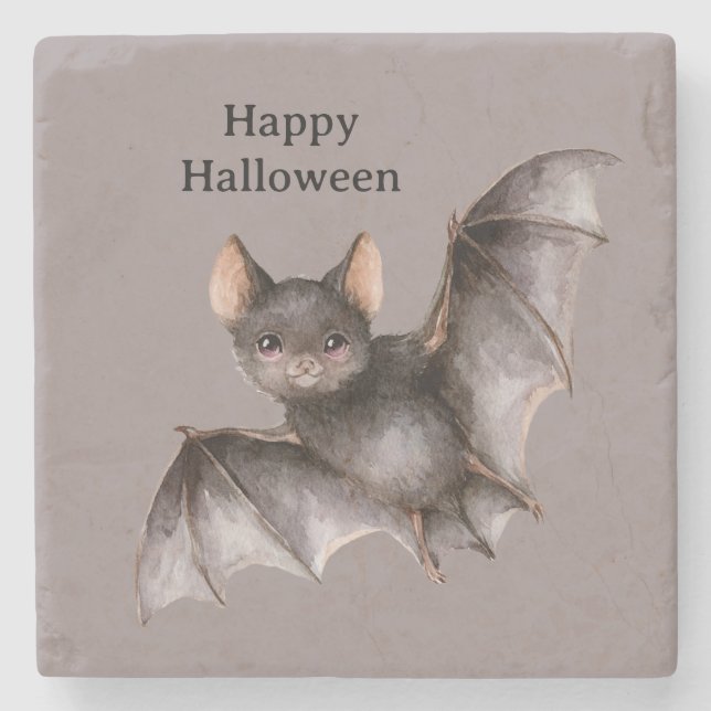 Black Bat Halloween Stone Coaster (Front)