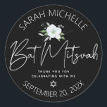 Black Bat Mitzvah Silver Script Floral Watercolor Classic Round Sticker<br><div class="desc">Be proud, rejoice and celebrate this milestone of your favourite Bat Mitzvah whenever you use this sophisticated, personalised sticker! A chic, stunning, white and faux silver glitter floral watercolor, faux silver foil handwritten script and Star of David, as well as white sans serif typography overlay a dramatic black background. Personalise...</div>