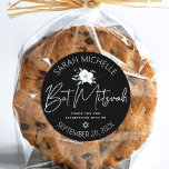 Black Bat Mitzvah Silver Script Floral Watercolor Classic Round Sticker<br><div class="desc">Be proud, rejoice and celebrate this milestone of your favourite Bat Mitzvah whenever you use this sophisticated, personalised sticker! A chic, stunning, white and faux silver glitter floral watercolor, faux silver foil handwritten script and Star of David, as well as white sans serif typography overlay a dramatic black background. Personalise...</div>
