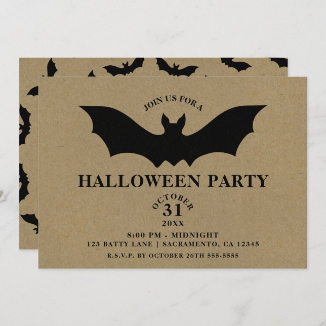 Black Bat Rustic Kraft Halloween Party Invitation (Front/Back)