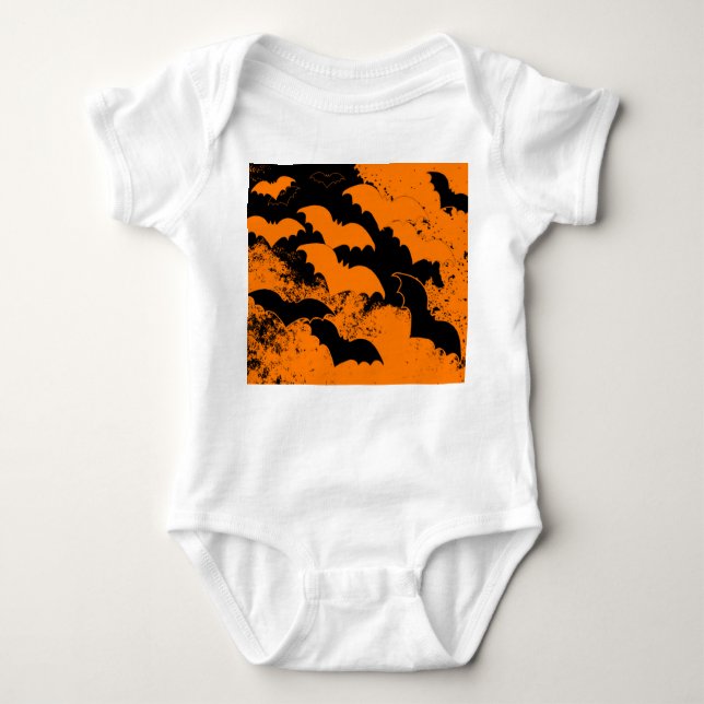 Black Bats In Flight Orange Baby Bodysuit (Front)