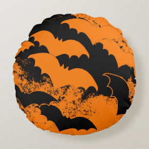 Black Bats In Flight Orange Round Cushion