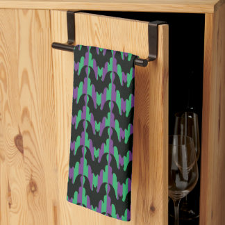 Black Bats on Purple and Green Stripes Halloween Tea Towel