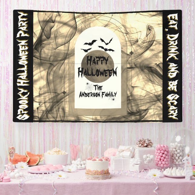 Black Bats Spider Web Full Moon Happy Halloween Banner (Party)