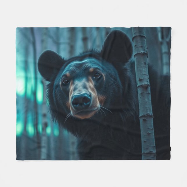 Black Bear and Aurora Art Fleece Blanket (Front (Horizontal))