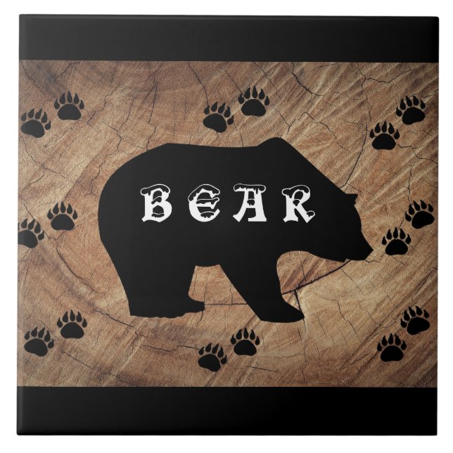Black Bear And Bear Paws Ceramic Tile (Front)