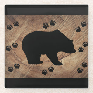 Black Bear And Bear Paws Glass Coaster