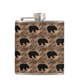 Black Bear And Bear Paws Hip Flask