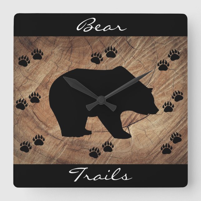 Black Bear And Bear Paws Square Wall Clock (Front)