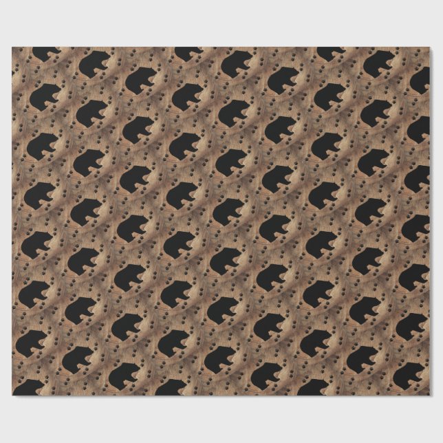 Black Bear And Bear Paws Wrapping Paper (Flat)