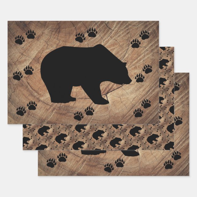 Black Bear And Bear Paws Wrapping Paper Sheet (Set)