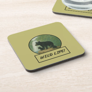 Black Bear and Cubs Dark Khaki Coaster Set