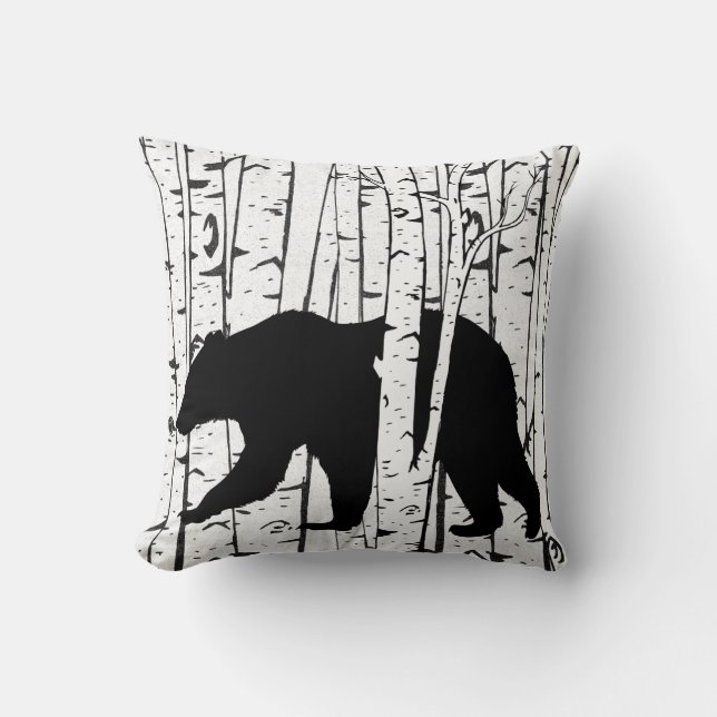 Black Bear and Deer Birch Forest Throw Pillow (Front)