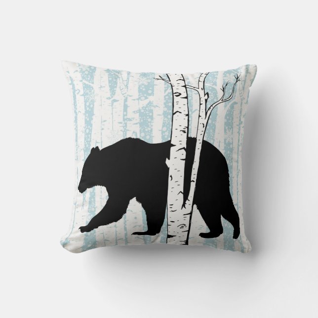 Black Bear and Deer Birch Forest Throw Pillow (Front)