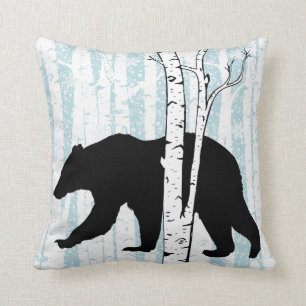 Black Bear and Deer Birch Forest Throw Pillow