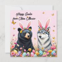 Black bear and grey wolf with rabbit ears