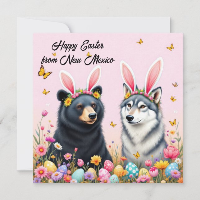 Black bear and grey wolf with rabbit ears holiday card (Front)