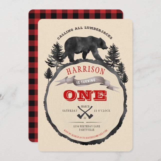 Black Bear and Lumberjack Birthday Invite (Front/Back)
