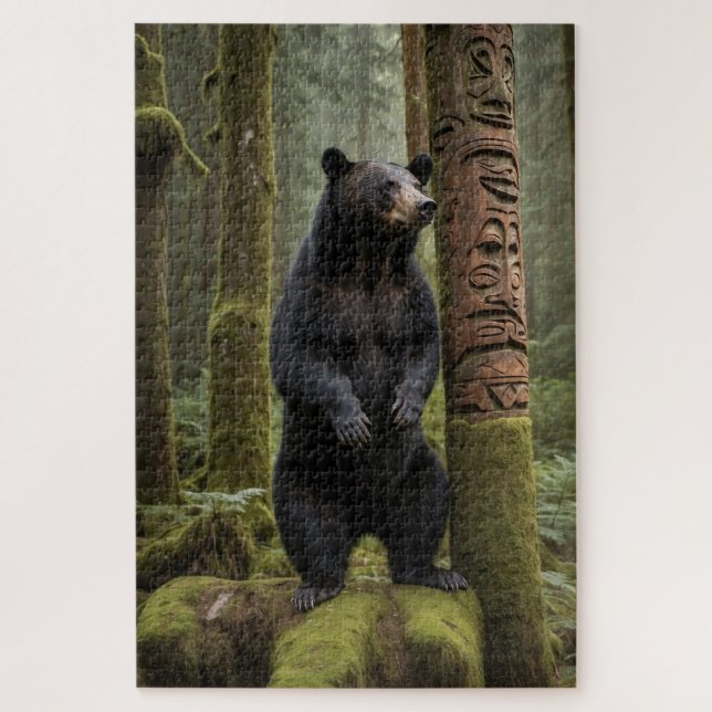 Black Bear and Totem Pole Wildlife Art Jigsaw Puzzle (Vertical)
