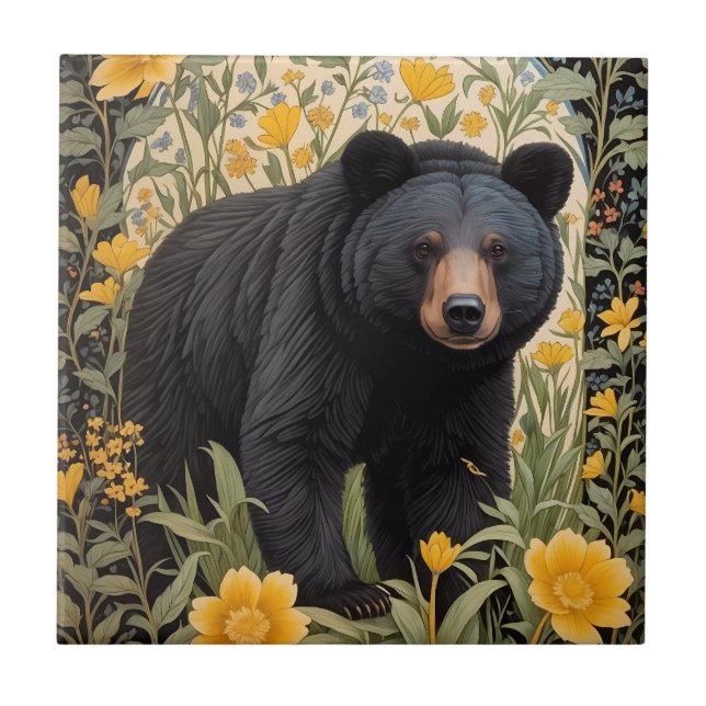 Black Bear And Yellow Buttercup Flowers Ceramic Tile (Front)