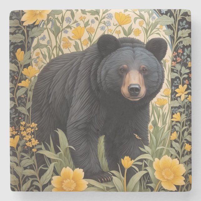 Black Bear And Yellow Buttercup Flowers Stone Coaster (Front)