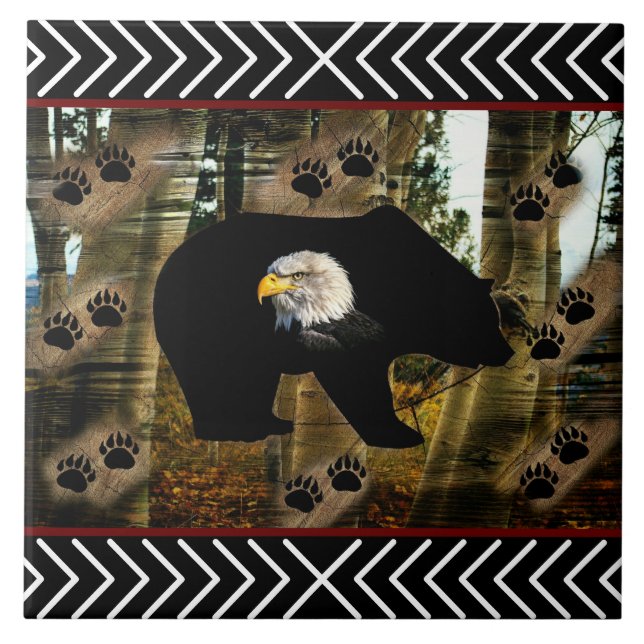 Black Bear Bald Eagle Bear Paw Prints Wilderness Ceramic Tile (Front)