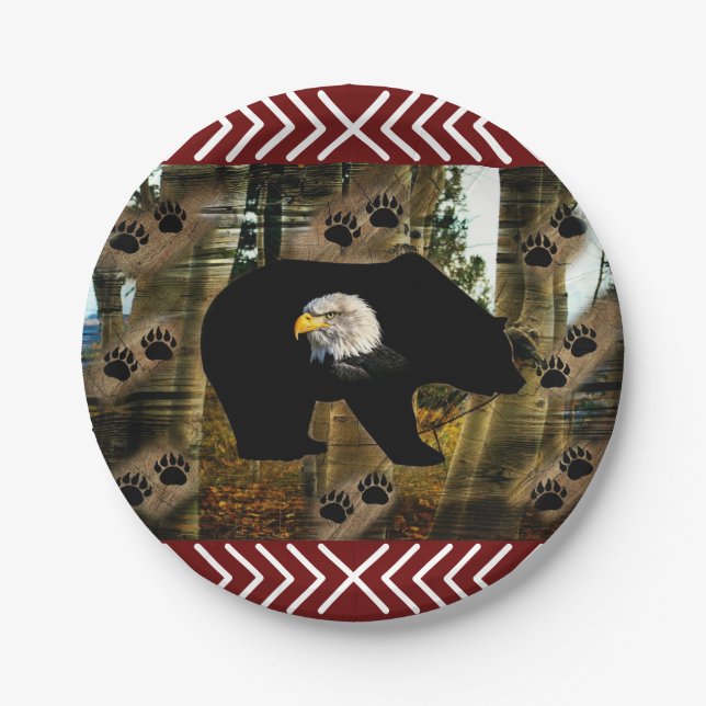 Black Bear Bald Eagle Bear Paw Prints Wilderness Paper Plate (Front)