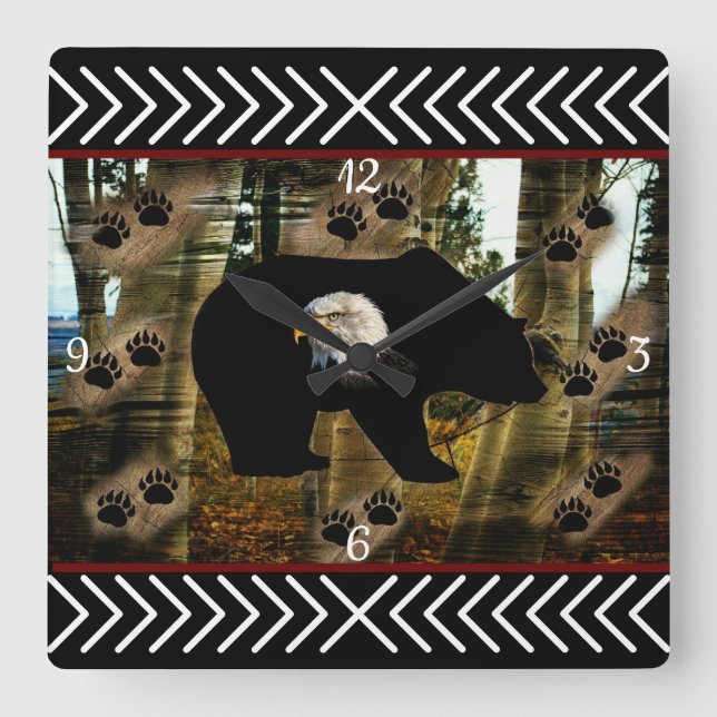 Black Bear Bald Eagle Bear Paw Prints Wilderness Square Wall Clock (Front)