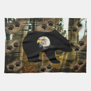 Black Bear Bald Eagle Bear Paw Prints Wilderness Tea Towel