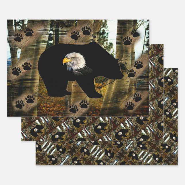 Black Bear Bald Eagle Bear Paw Prints Wilderness Wrapping Paper Sheet (Set)