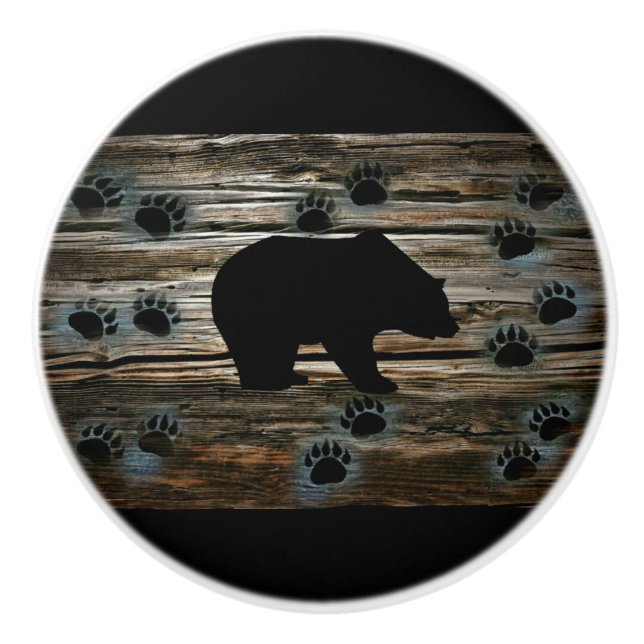 Black Bear Black Bear Paws Rustic Wood Ceramic Knob (Front)