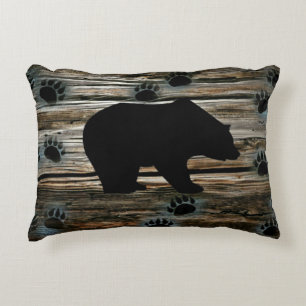 Black Bear Black Bear Paws Rustic Wood Decorative Cushion