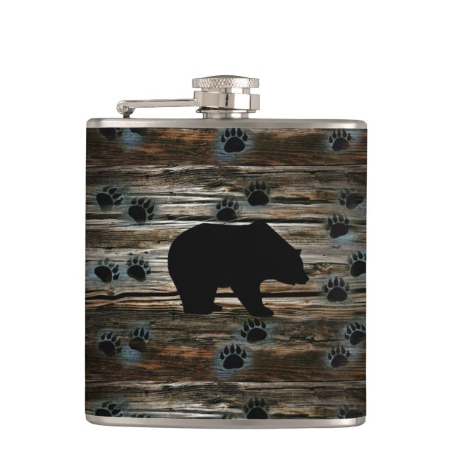 Black Bear Black Bear Paws Rustic Wood Hip Flask (Front)