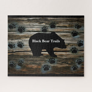 Black Bear Black Bear Paws Rustic Wood Jigsaw Puzzle